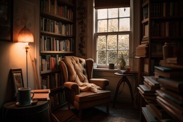 cozy reading nook with armchair and stack of books for rainy day escape, created with generative ai - obrazy, fototapety, plakaty