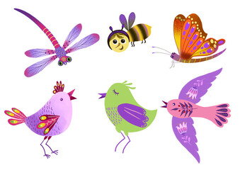 set of birds and insects,flat illustration 