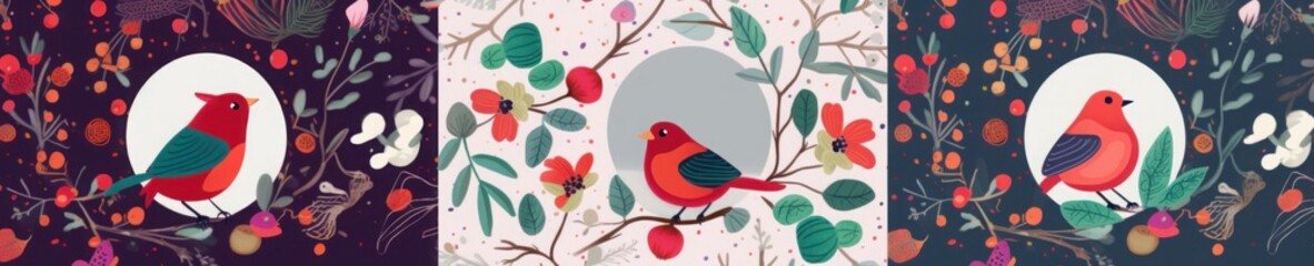 Collection of Christmas illustrations with bullfinch and leaves, Generative AI