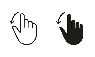 Hand Finger Drag Down Line and Silhouette Black Icon Set. Pinch Screen, Swipe and Rotate Touch Screen Pictogram. Gesture Slide Down Symbol Collection on White Background. Isolated Vector Illustration