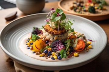 deliciously plated vegan meal, featuring variety of colors and textures, created with generative ai