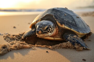 Obraz premium sea turtle emerging from its shell, revealing its new life, created with generative ai