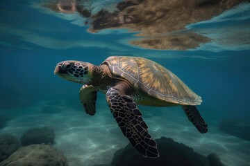 Obraz premium a sea turtle swimming underwater, its flippers and shell visible, created with generative ai