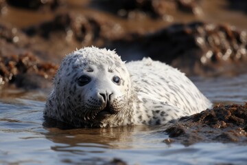 seal pup basking in the sun, warming up after a chilly swim, created with generative ai