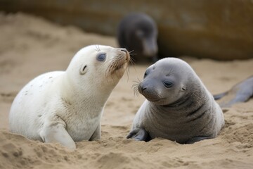 Fototapeta premium seal pup scratching its neck, while another seal pup looks on, created with generative ai