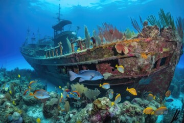 Fototapeta na wymiar shipwreck surrounded by schools of colorful fish and coral reef, created with generative ai