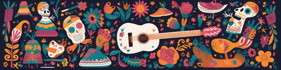 Beautiful illustration with design for Mexican holiday 5 may Cinco De Mayo. template with traditional Mexican symbols skull, Mexican guitar, flowers, Mexican, Generative AI