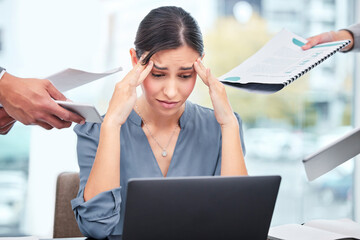 Headache, chaos and business woman, documents or computer stress, financial report and debt fail,...