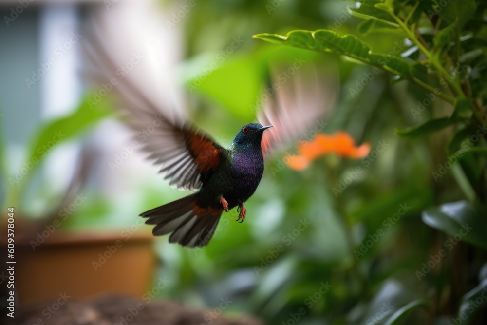 Wall mural hummingbird taking off for its first flight, with blurry background of garden, created with generative ai