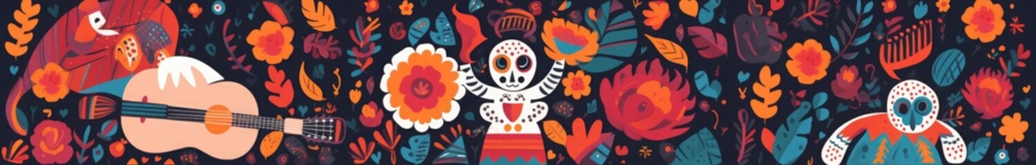 Beautiful illustrations with design for Mexican holiday 5 may Cinco De Mayo. template with traditional Mexican symbols skull, Mexican guitar, flowers, red pepper. Mexico, Generative AI