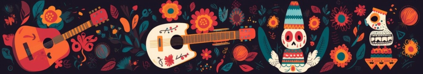 Beautiful illustrations with design for Mexican holiday 5 may Cinco De Mayo. template with traditional Mexican symbols skull, Mexican guitar, flowers, red pepper. Mexico, Generative AI