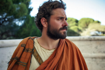 Photorealistic close up portrait of an ancient Greek man wearing a tunic (Generative AI)