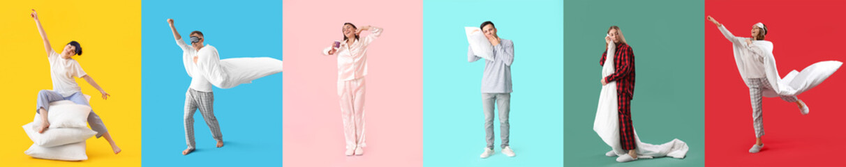 Collage of young people in pajamas, with soft pillows, blankets, coffee and sleeping masks on color...