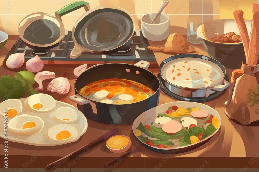 Canvas Prints a busy kitchen, with different cooking methods visible at once - a frying pan with eggs, a slow cooker simmering soup, and a skillet of grilled vegetables, created with generative ai