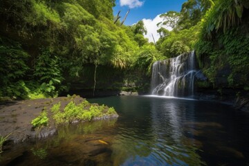Fototapeta na wymiar cascading waterfall surrounded by lush vegetation and clear blue skies, created with generative ai