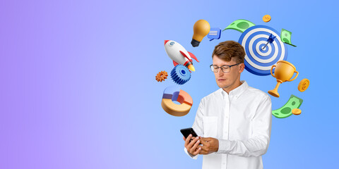Man with smartphone and his business goal