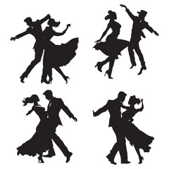 silhouettes of dancing people group vector illustration. Dancing man and woman, couple silhouette set