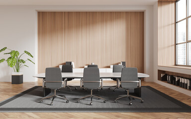 Beige and wooden meeting room interior