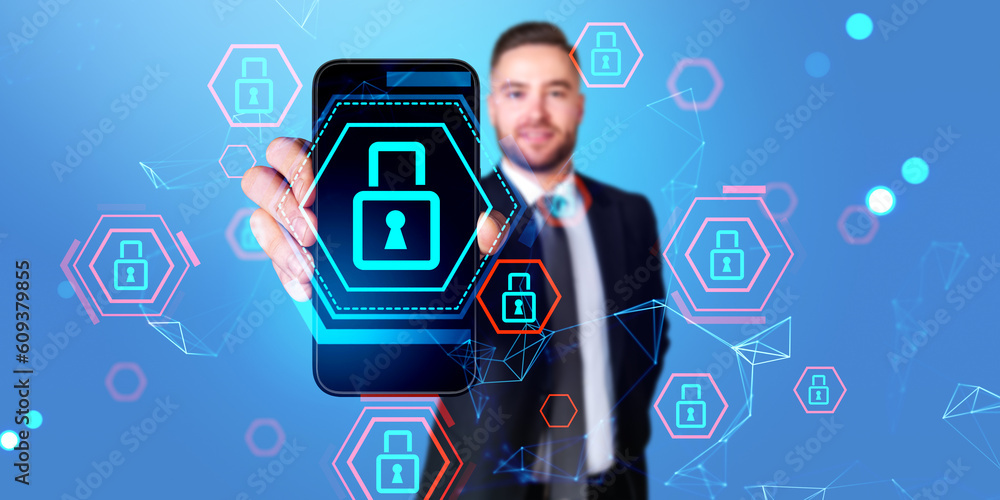 Poster man showing smartphone with cybersecurity interface