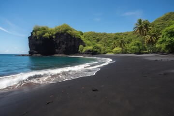 Fototapeta na wymiar remote island with black sand beach and crystal-clear waters, created with generative ai