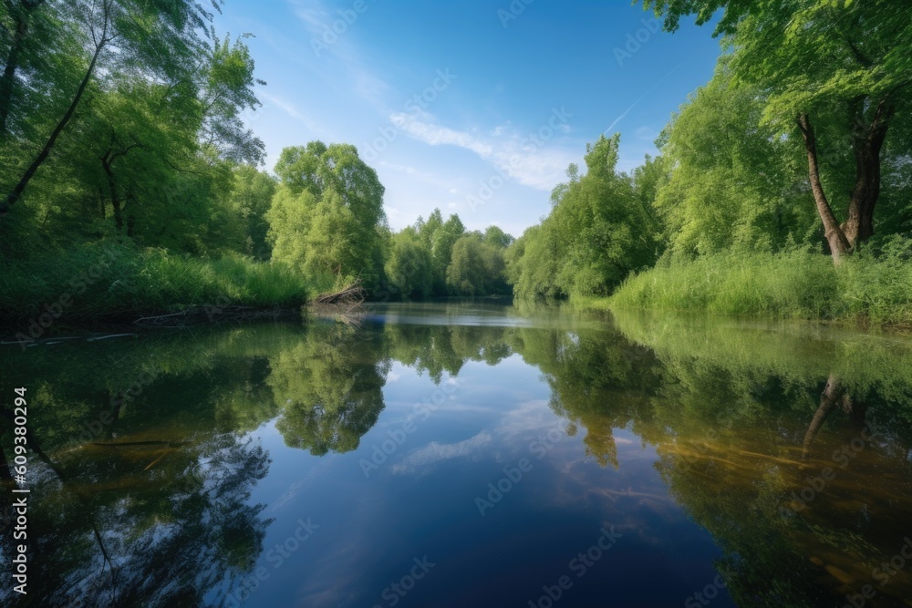 Poster peaceful lake with serene reflections and tranquil water, surrounded by nature, created with generative ai