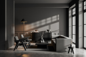Gray living room interior with sofa, armchairs and dresser
