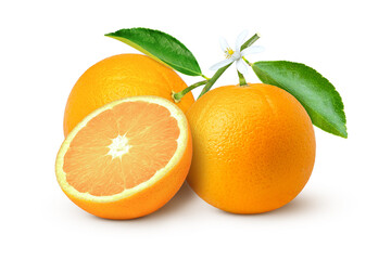 Fototapeta na wymiar Orange fruit and half sliced with green leaf isolated on white background.