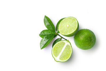 Fresh lime and half sliced with green leaves isolated on white background, top view, flat lay.