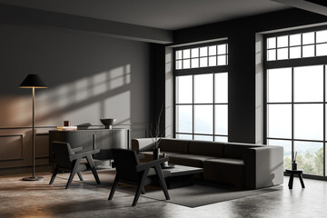 Gray living room corner with sofa, armchairs and dresser
