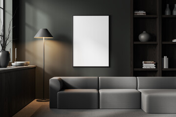 Naklejka na ściany i meble Gray living room with sofa, bookcase and blank poster
