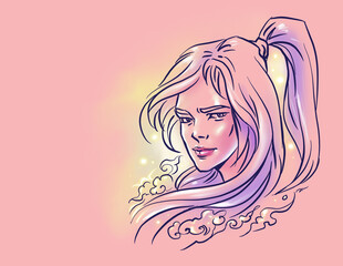 portrait of a long hair woman digital art for card decoration illustration