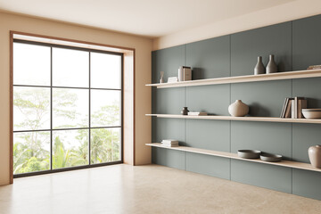 Fototapeta na wymiar White and green living room corner with shelves and window