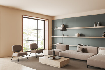 White and green living room corner with sofa, armchairs and shelves