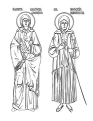 Saint Matrona Nikonova and Xenia of Saint Petersburg. Coloring page in Byzantine style on white background - obrazy, fototapety, plakaty