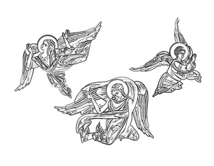 Archangels in Byzantine style isolated. Coloring page on white background