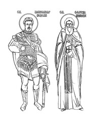 Fototapeta na wymiar Alexander Nevsky and Sergius of Radonezh. Coloring page in Byzantine style on white background