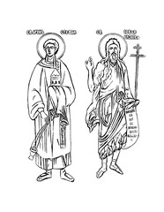 Fototapeta na wymiar Saint Stephen and John the Baptist. Coloring page in Byzantine style on white background