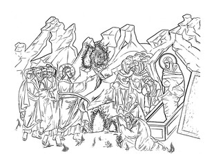 Lazarus of Bethany. Miracles of Jesus. Coloring page on white background