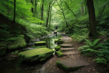 tranquil forest with trail of stepping stones leading to hidden waterfall, created with generative ai