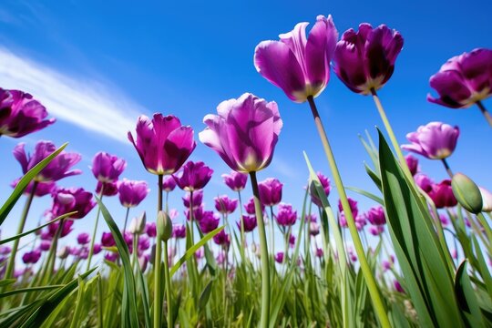 a photo of beautiful purple tulips against a blue sky, created with generative ai