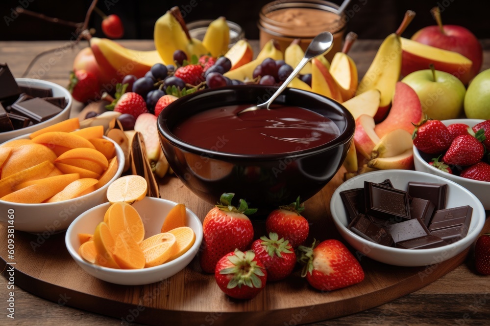 Wall mural chocolate fondue with strawberries and other fruit for dipping, created with generative ai - Wall murals
