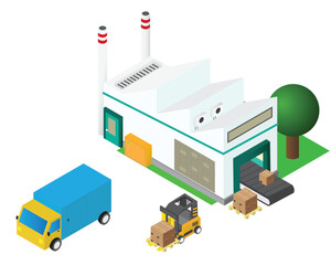 Vector isometric icon set representing factory building with pipes, truck, goods coming from conveyor and forklift