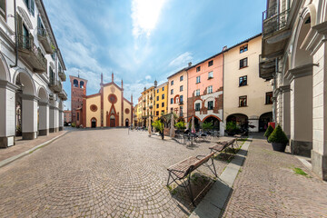 Pinerolo, Turin, Piedmont, Italy - landscape of San Donato square with San Donato Cathedral (10th -...