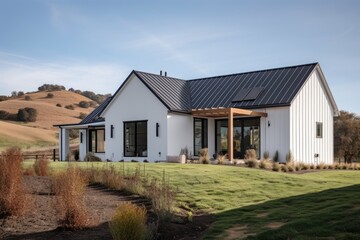 Fototapeta na wymiar modern farmhouse, with custom exterior and interior finishes, standing out among the rolling hills, created with generative ai