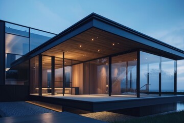 a minimalist exterior of glass, wood, and metal with a sleek and modern design, created with generative ai