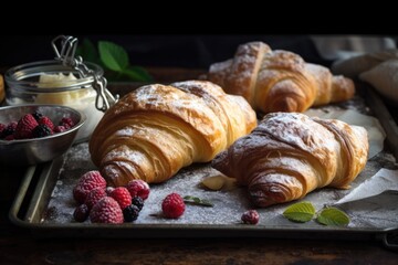 homemade croissants, filled with fruit or chocolate, and dusted in powdered sugar, created with generative ai