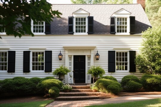 classic colonial home with white shutters and black door, created with generative ai