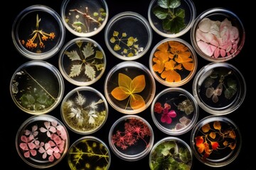 cluster of petri dishes with various cultures growing in parallel, created with generative ai