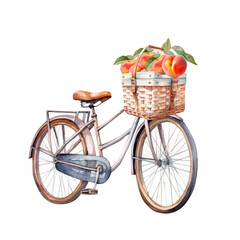 Watercolor peaches in a basket, fruits bicycle, summer clipart, Generative AI, png image.