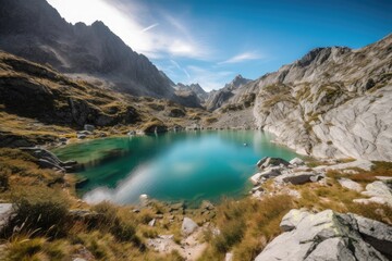 Fototapeta na wymiar stunning alpine lake surrounded by craggy mountains and clear blue skies, created with generative ai
